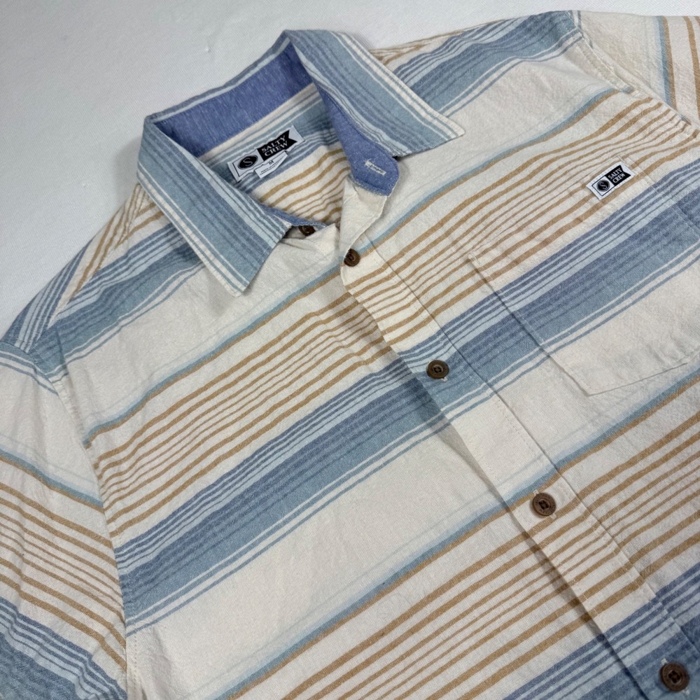 Salty Crew Button Up Shirt‎ Medium Blue Tan Striped Short Sleeve Cotton Casual
